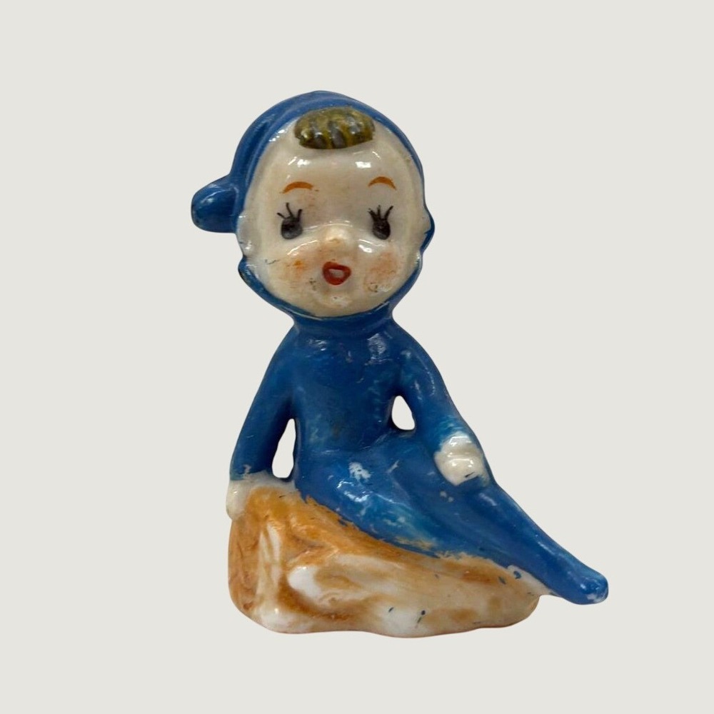 Pixie Figurine Vintage Ceramic Elf Japan Sitting on Log Blue Small Unbranded